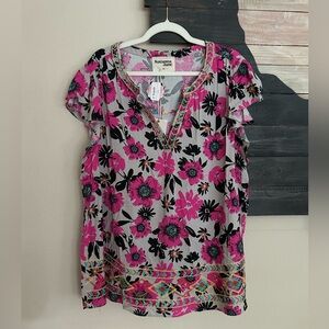 Savanna Jane Hot Pink Floral Flutter Sleeve Blouse with Embroidered Detail